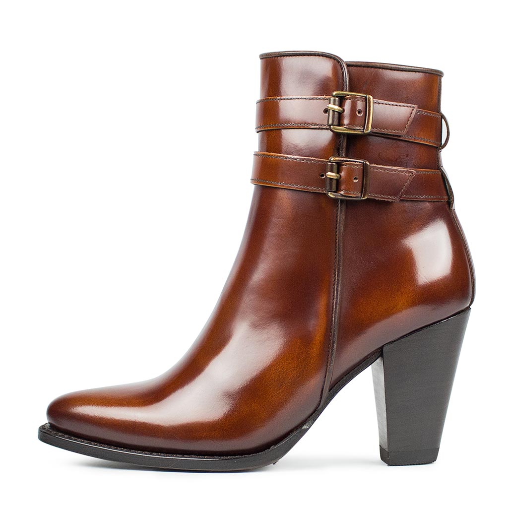 sendra-boots-12012-antic-hobar-damenstiefelette-gl-nzend-braun-mit-riemenverschl image 1