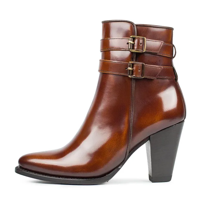 sendra-boots-12012-antic-hobar-damenstiefelette-gl-nzend-braun-mit-riemenverschl image 1